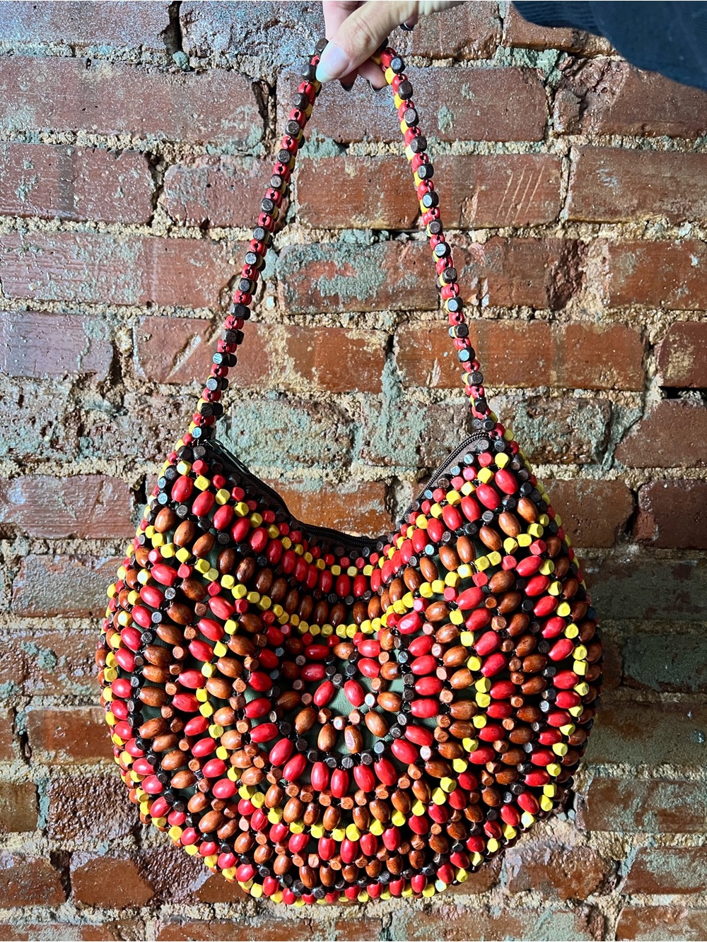 Red & Brown Beaded Shoulder Bag